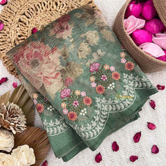 Vriksham Green Sita Ramam Floral Crush Organza Saree-Handloom-VS5030