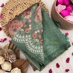Vriksham Green Sita Ramam Floral Crush Organza Saree-Handloom-VS5030