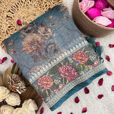 Vriksham Vintage Aqua Blue Floral Chiffon Saree with Embroidered Rose Border Organza Saree-Handloom-VS5019