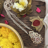 Vriksham AD Stone Dual Peacock Pendant 3 Layer Rice Pearl Mala-Green Red-G18827