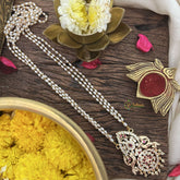 Vriksham AD Stone Dual Peacock Pendant 3 Layer Rice Pearl Mala-White Red-G18826