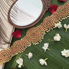 Vriksham Traditional Kemp Bharatanatyam Temple Kemp Oddiyanam Hipbelt-Red Green-Pearl-G19694