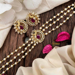 Vriksham Gold look alike Pearl High Neck Choker-Peacock -Red White-Left Side-G21793