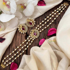 Vriksham Gold look alike Pearl High Neck Choker-Peacock -Red White-Left Side-G21793