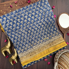 Vriksham Blue print with Yellow Border Kota Cotton Saree-VS4454