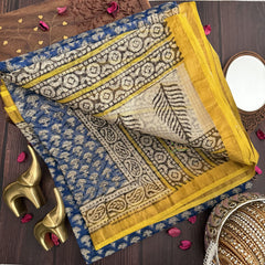 Vriksham Blue print with Yellow Border Kota Cotton Saree-VS4454