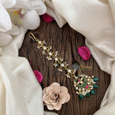 Vriksham Half Moon Style Jadau Kundan Maang Tikka-Green White-Green Bead-J3125