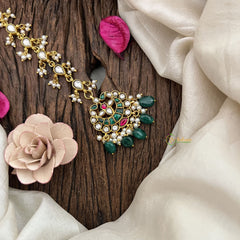 Vriksham Half Moon Style Jadau Kundan Maang Tikka-Green White-Green Bead-J3125