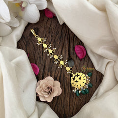 Vriksham Half Moon Style Jadau Kundan Maang Tikka-Green White-Green Bead-J3125