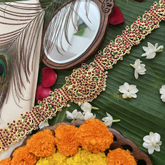 Vriksham Traditional Kemp Dual Peacock style centerpiece Hipbelt-Red Green-Pearl-G19685