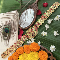 Vriksham Traditional Kemp Dual Peacock style centerpiece Hipbelt-Red Green-Pearl-G19685