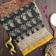 Vriksham Black with Yellow Border Mango Print Kota Cotton Saree-VS4459