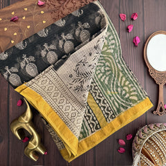 Vriksham Black with Yellow Border Mango Print Kota Cotton Saree-VS4459