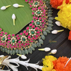 Vriksham Elegant Floral Kundan Jadau Short Neckpiece-Aqua Green Bead-J3987