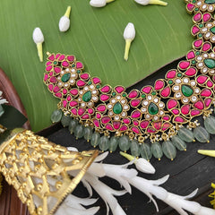 Vriksham Elegant Floral Kundan Jadau Short Neckpiece-Aqua Green Bead-J3987