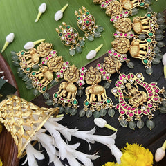 Vriksham Ganesh & Lakshmi With Elephant Style Kundan Jadau Short Neckpiece-Aqua Green Bead-J3988