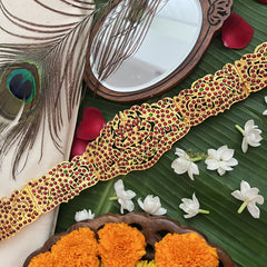 Vriksham Traditional Kemp Dual Peacock & Lakshmi Hipbelt-Red Green-G19690