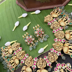 Vriksham Ganesh & Lakshmi With Elephant Style Kundan Jadau Short Neckpiece-Aqua Green Bead-J3988