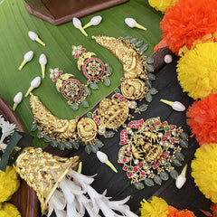 Vriksham Gaj Lakshmi Style Kundan Jadau Short Neckpiece-Aqua Green Bead-J3989