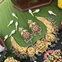 Vriksham Gaj Lakshmi Style Kundan Jadau Short Neckpiece-Aqua Green Bead-J3989