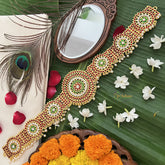 Vriksham Traditional Kemp Antique gold plating for vintage charm style centerpiece Hipbelt-Red Green & White-Pearl-G19687