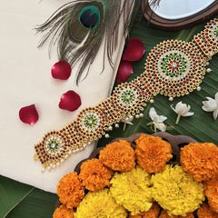 Vriksham Traditional Kemp Antique gold plating for vintage charm style centerpiece Hipbelt-Red Green & White-Pearl-G19687