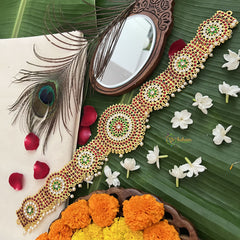 Vriksham Traditional Kemp Antique gold plating for vintage charm style centerpiece Hipbelt-Red Green & White-Pearl-G19687