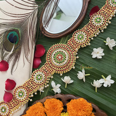 Vriksham Traditional Kemp Antique gold plating for vintage charm style centerpiece Hipbelt-Red Green & White-Pearl-G19687