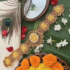 Vriksham Traditional Kemp God Lotus Lakshmi & Elephant Hipbelt-Red Green-G19689