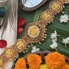 Vriksham Traditional Kemp God Lotus Lakshmi & Elephant Hipbelt-Red Green-G19689