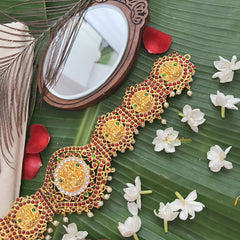 Vriksham Traditional Kemp God Lotus Lakshmi & Elephant Hipbelt-Red Green-G19689