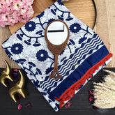 Vriksham White with Indigo Floral Print Cotton Mulmul Saree With Pom Pom Lace-VS4430