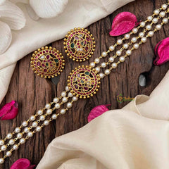 Vriksham Gold look alike Pearl High Neck Choker-Round Peacock-Neckpiece-Red Green & White-G21787