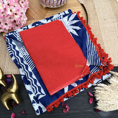 Vriksham White with Indigo Floral Print Cotton Mulmul Saree With Pom Pom Lace-VS4430