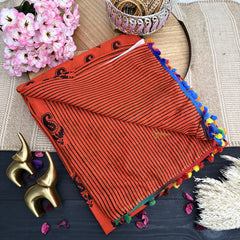 Vriksham Orange Printed Cotton Mulmul Saree With Pom Pom Lace-VS4436