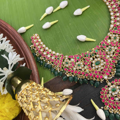 Vriksham Bridal Kemp With Kundan Jadau Green Bead Drops & Pearls Choker Neckpiece-J4003