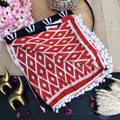 Vriksham Black Cotton Mulmul Saree With Pom Pom Lace-VS4429