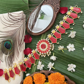 Vriksham Traditional Kemp Floral Pendant-Enamel Style Hipbelt-Red-Pearl-G19695