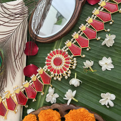 Vriksham Traditional Kemp Floral Pendant-Enamel Style Hipbelt-Red-Pearl-G19695