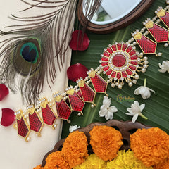 Vriksham Traditional Kemp Floral Pendant-Enamel Style Hipbelt-Red-Pearl-G19695