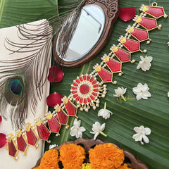 Vriksham Traditional Kemp Floral Pendant-Enamel Style Hipbelt-Red-Pearl-G19695