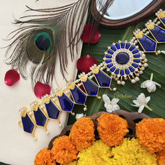 Vriksham Traditional Kemp Floral Pendant-Enamel Style Hipbelt-Blue-Pearl-G19696