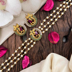 Vriksham Triple-Strand Pearl Choker with Ruby & Emerald Peacock Medallions-Green Left Side-G21806