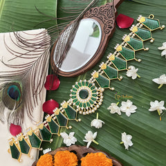 Vriksham Traditional Kemp Floral Pendant-Enamel Style Hipbelt-Green-Pearl-G19697