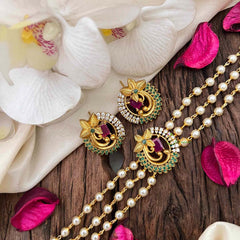Vriksham Triple-Strand Pearl Choker with Ruby & Emerald Peacock Medallions-Green Left Side-G21806