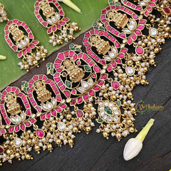 Vriksham Lotus Lakshmi Mahal Kundan Jadau Gold Bead & Pearls Choker Neckpiece-White Red & Green-J4006