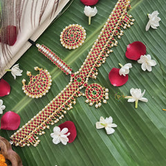 Vriksham Traditional Kemp Gold Plated Zig Zag Tikka With Chandran Suriyan-Red Green-Pearl-G19637