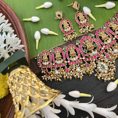 Vriksham Lotus Lakshmi Mahal Kundan Jadau Gold Bead & Pearls Choker Neckpiece-White Red & Green-J4006