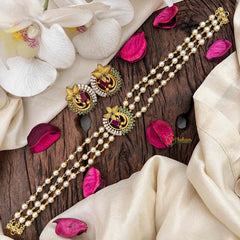 Vriksham Triple-Strand Pearl Choker with Ruby & Emerald Peacock Medallions-Green Right Side-G21805