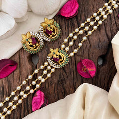 Vriksham Triple-Strand Pearl Choker with Ruby & Emerald Peacock Medallions-Green Right Side-G21805